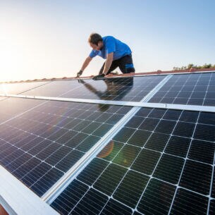 Handwerker installiert Solarmodule auf einem Hausdach