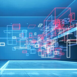 Ein computergenerierter Raum mit digitalen Rechtecken, die im Raum zu schweben scheinen.