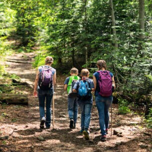 Eine Familien mit Kindern wandert mit Rucksäcken und Wanderstöcken einen Waldpfad hinauf