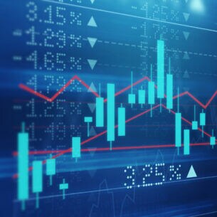 Ein Finanzchart mit Indikatoren, im Hintergrund Prozentwerte.