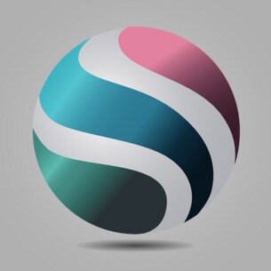 Abstrakte 3D-Kugel mit geschwungenen, farbigen Linien in Blau-, Pink- und Grüntönen auf dunklem Hintergrund. Das Design wirkt modern und dynamisch und eignet sich ideal als Logo oder grafisches Element.