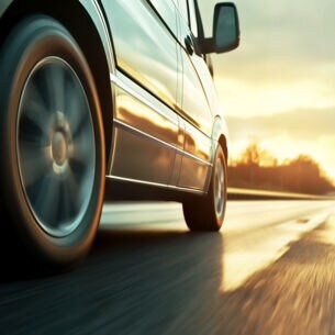 Auto fährt über die Straße bei Sonnenuntergang