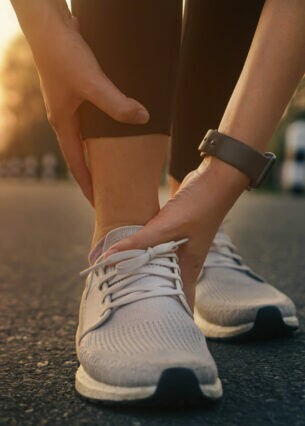 Eine Person in Laufschuhen hockt auf einem asphaltierten Weg und hält sich mit beiden Händen den Knöchel.