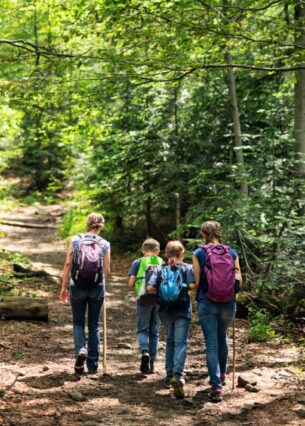 Eine Familien mit Kindern wandert mit Rucksäcken und Wanderstöcken einen Waldpfad hinauf