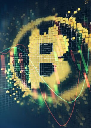 CGI-Darstellung des Kryptologos, dahinter sind Aktienkurse zu erkennen.