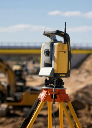 Ein Messgerät steht auf einer Baustelle.