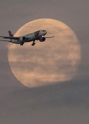 Ein Flugzeug der TAP Air Portugal nähert sich vor Sonnenaufgang dem Flughafen von Lissabon, während der Mond noch am Himmel steht. (zu dpa: «EU-Verkehrsminister stimmen über neue Fluggastrechte ab»)