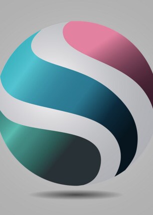 Abstrakte 3D-Kugel mit geschwungenen, farbigen Linien in Blau-, Pink- und Grüntönen auf dunklem Hintergrund. Das Design wirkt modern und dynamisch und eignet sich ideal als Logo oder grafisches Element.