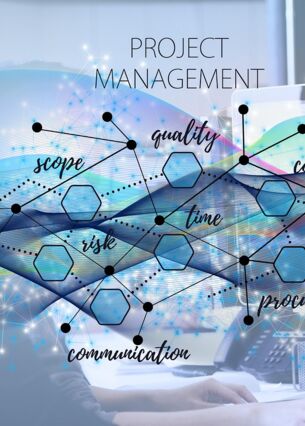 Illustration zum Thema Projektmanagement mit vernetzten Begriffen wie Human Resources, Scope, Quality, Cost, Risk, Time, Communication und Procurement über einem modernen Bürohintergrund.