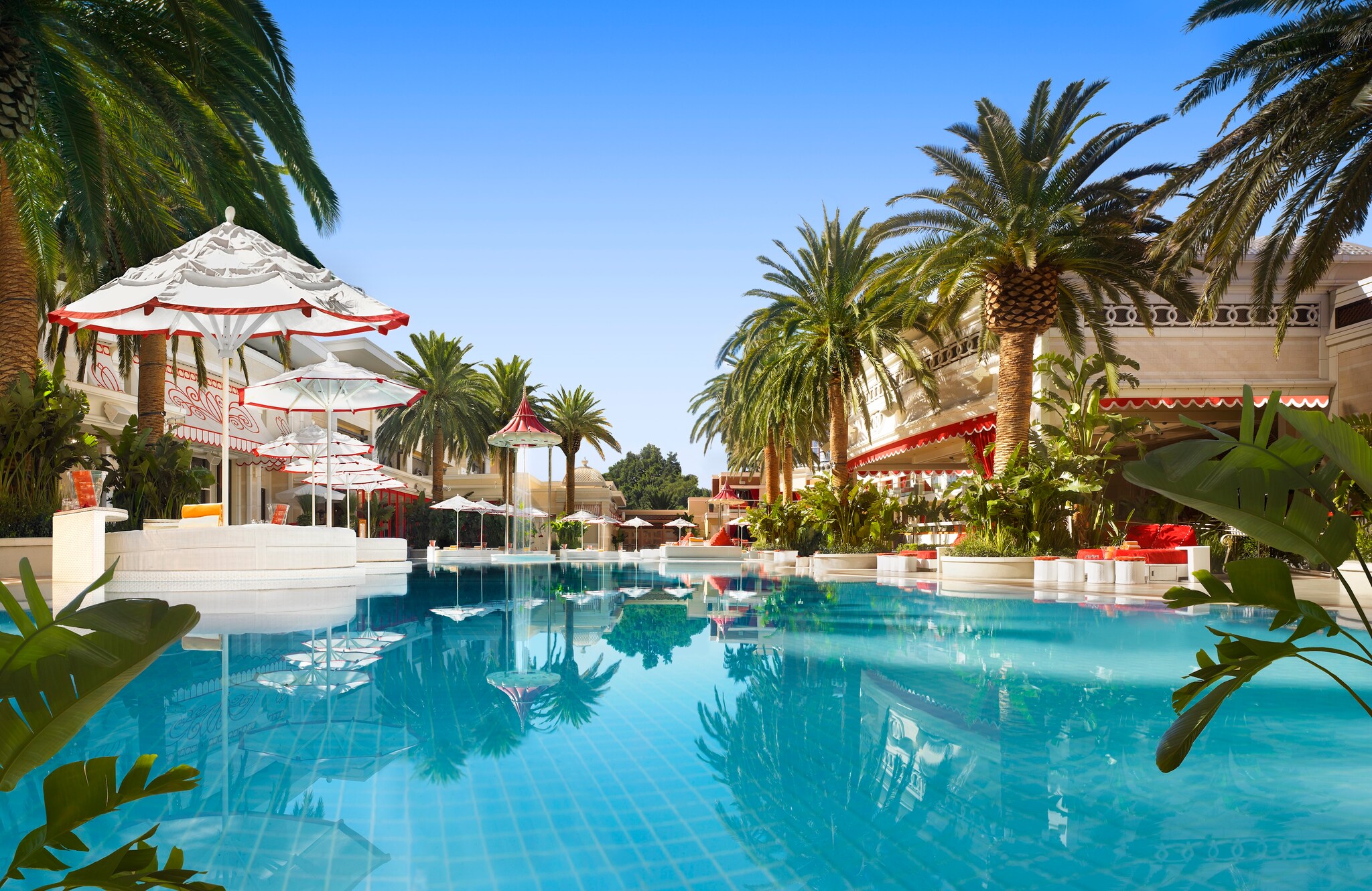 View across the hotel pool, which is fringed by palm trees, leafy plants, and white umbrellas with red fringe.