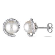 Delmar 8-8.5mm Freshwater Pearls 1/10 CT Diamond Earrings (Silver)