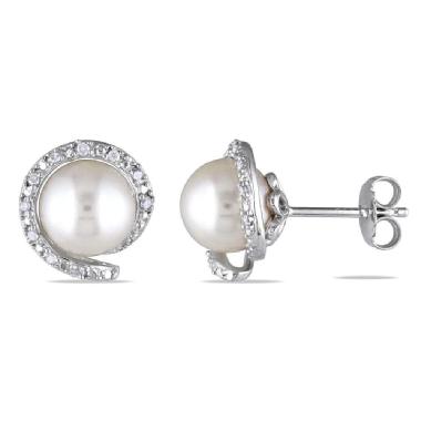 Delmar 8-8.5mm Freshwater Pearls 1/10 CT Diamond Earrings (Silver)