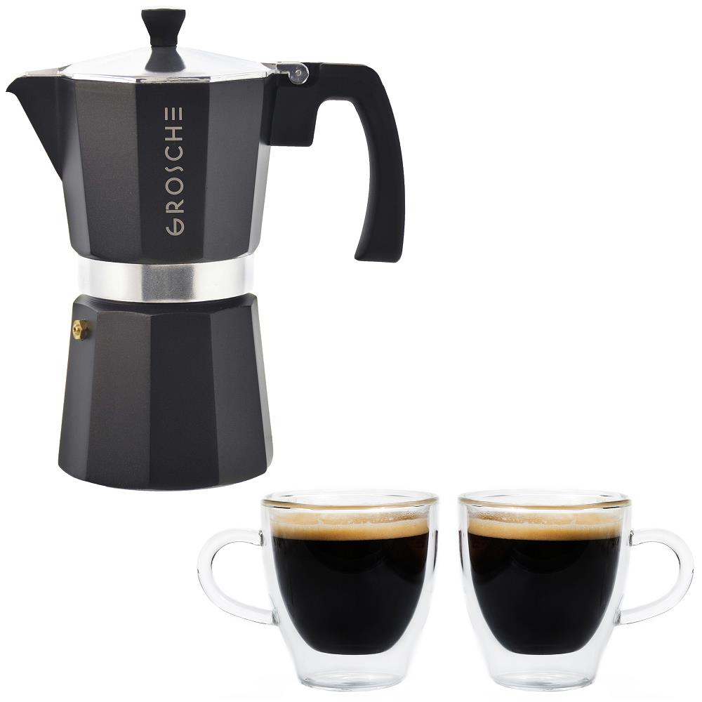 Grosche Milano Stovetop Espresso Maker 6 cup (Black) with Set of 2 Turin Double Walled  Espresso Cups 70ml, 2 fl. Oz