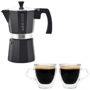 Grosche Milano Stovetop Espresso Maker 6 cup (Black) with Set of 2 Turin Double Walled  Espresso Cups 70ml, 2 fl. Oz