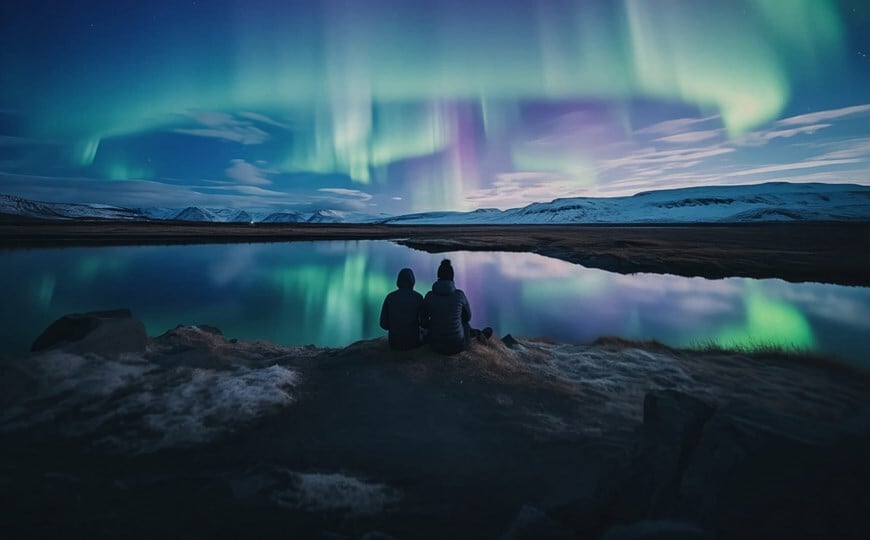 Two people view the aurora borealis reflected in a lake near the Fjallsárlón glacier in Iceland.