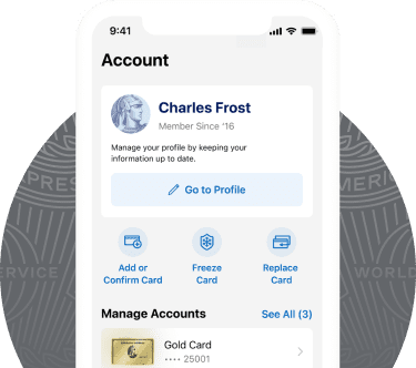 A mobile phone is open to the Amex App, which displays a personalized greeting and several account management options.