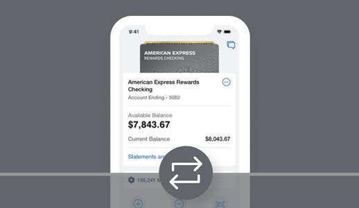 A mobile phone is open to the Amex App page for an American Express Rewards Checking account, displaying the balance and several options.