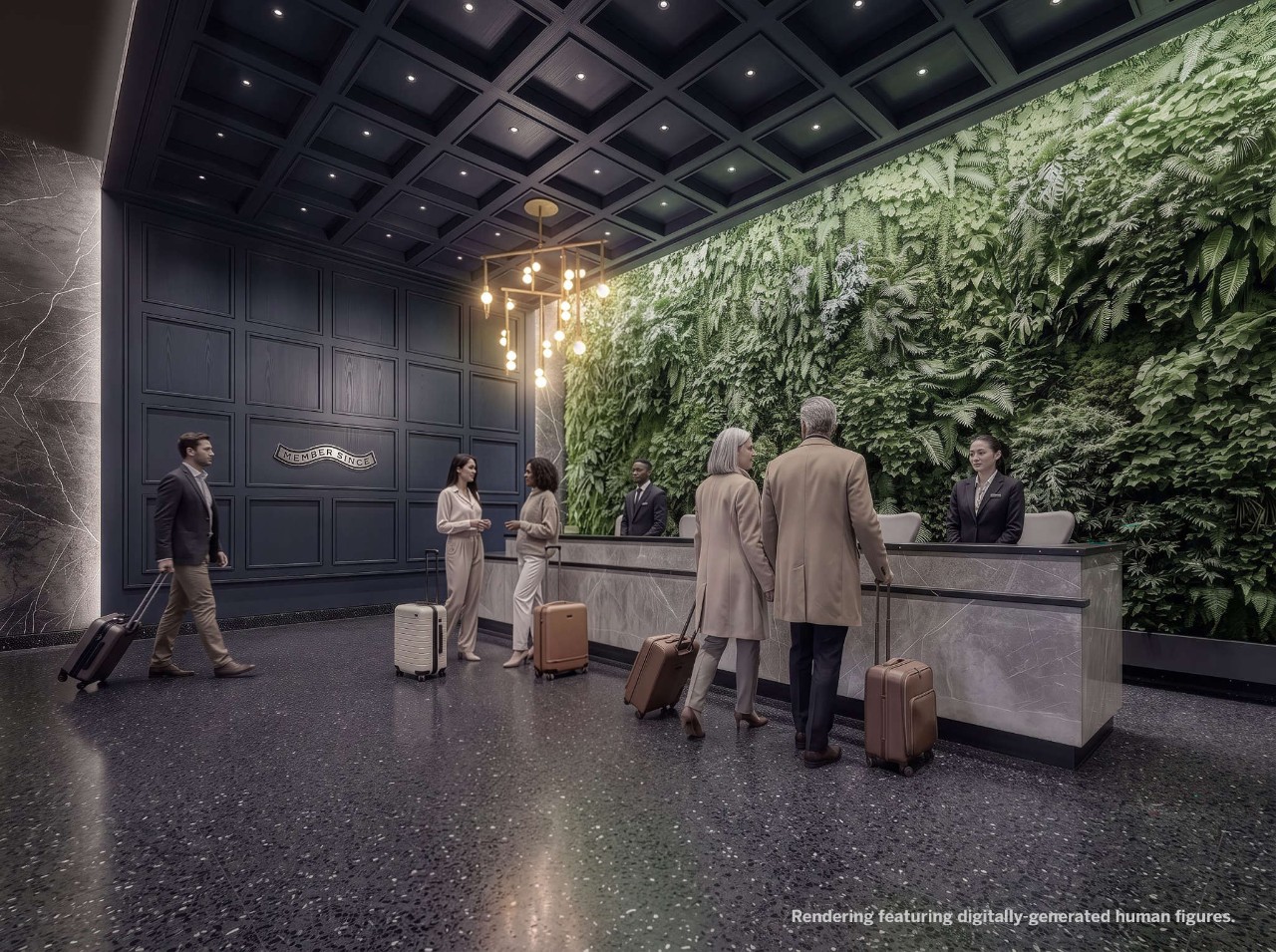 Renderização fotorrealista da área de recepção do novo Centurion® Lounge, que será inaugurado no Aeroporto Internacional de Newark Liberty.