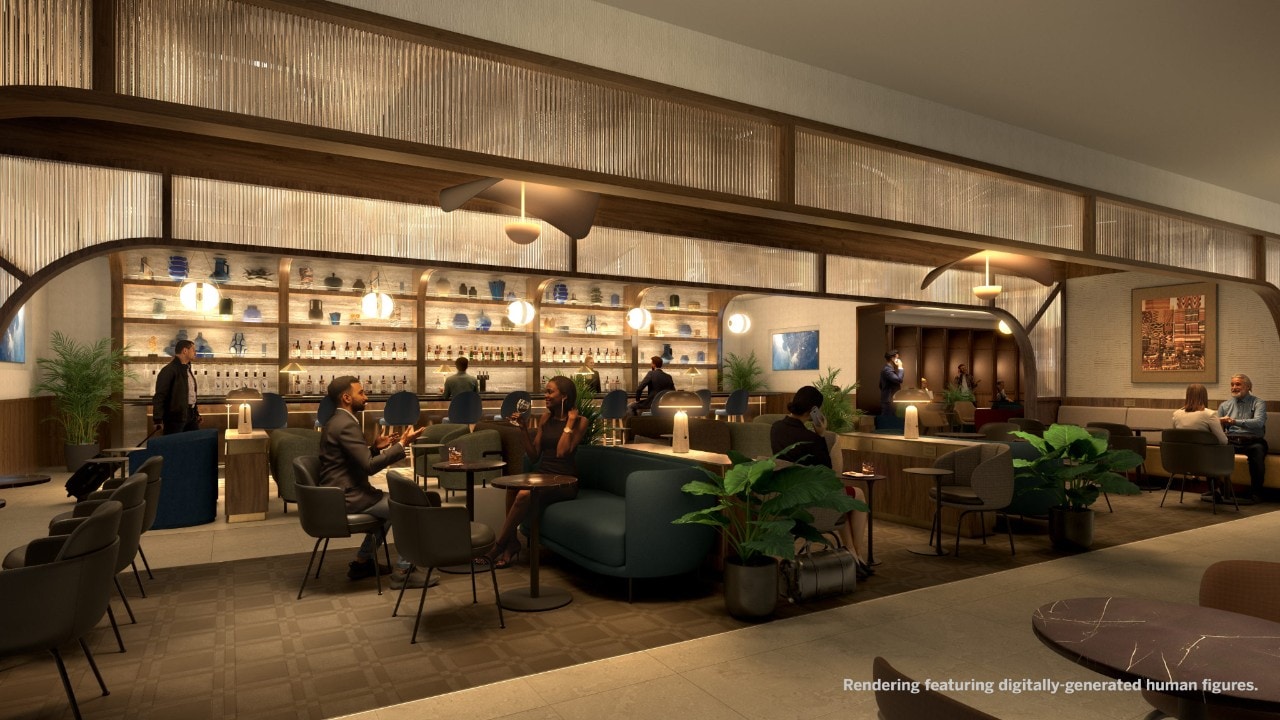 Renderização fotorrealista do bar principal no Centurion® Lounge ampliado, que será inaugurado no Aeroporto Intercontinental George Bush.