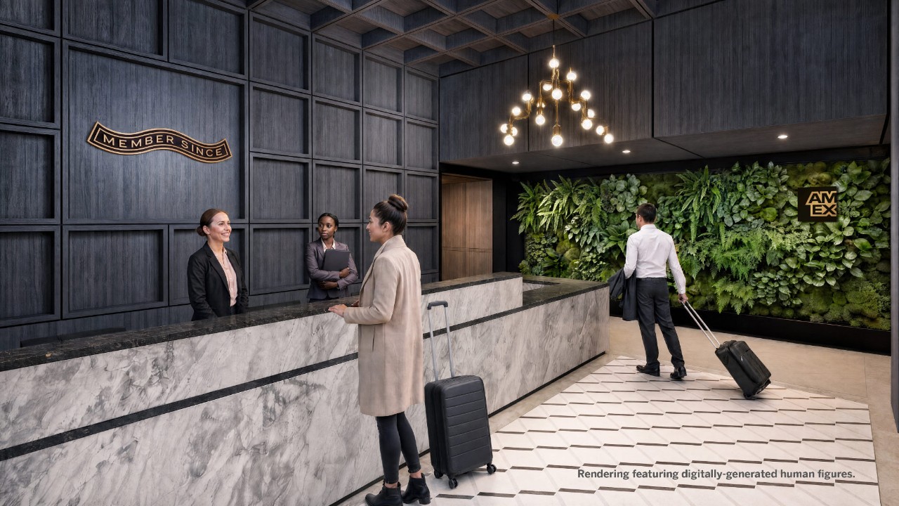 Renderização fotorrealista da inauguração do novo Centurion® Lounge no Terminal 5 do Aeroporto de Heathrow, em Londres.