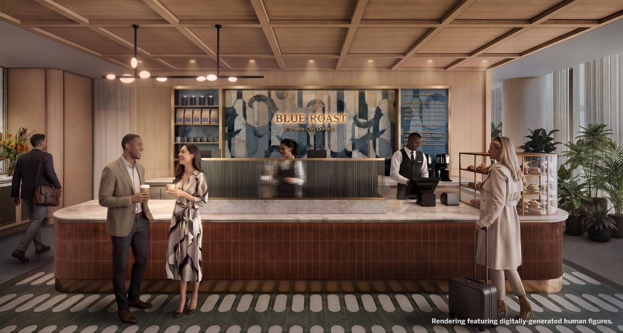 Renderização fotorrealista do Blue Roast by American Express Coffee and Wellness Bar no Centurion® Lounge ampliado, que será inaugurado no Aeroporto Internacional da Filadélfia.