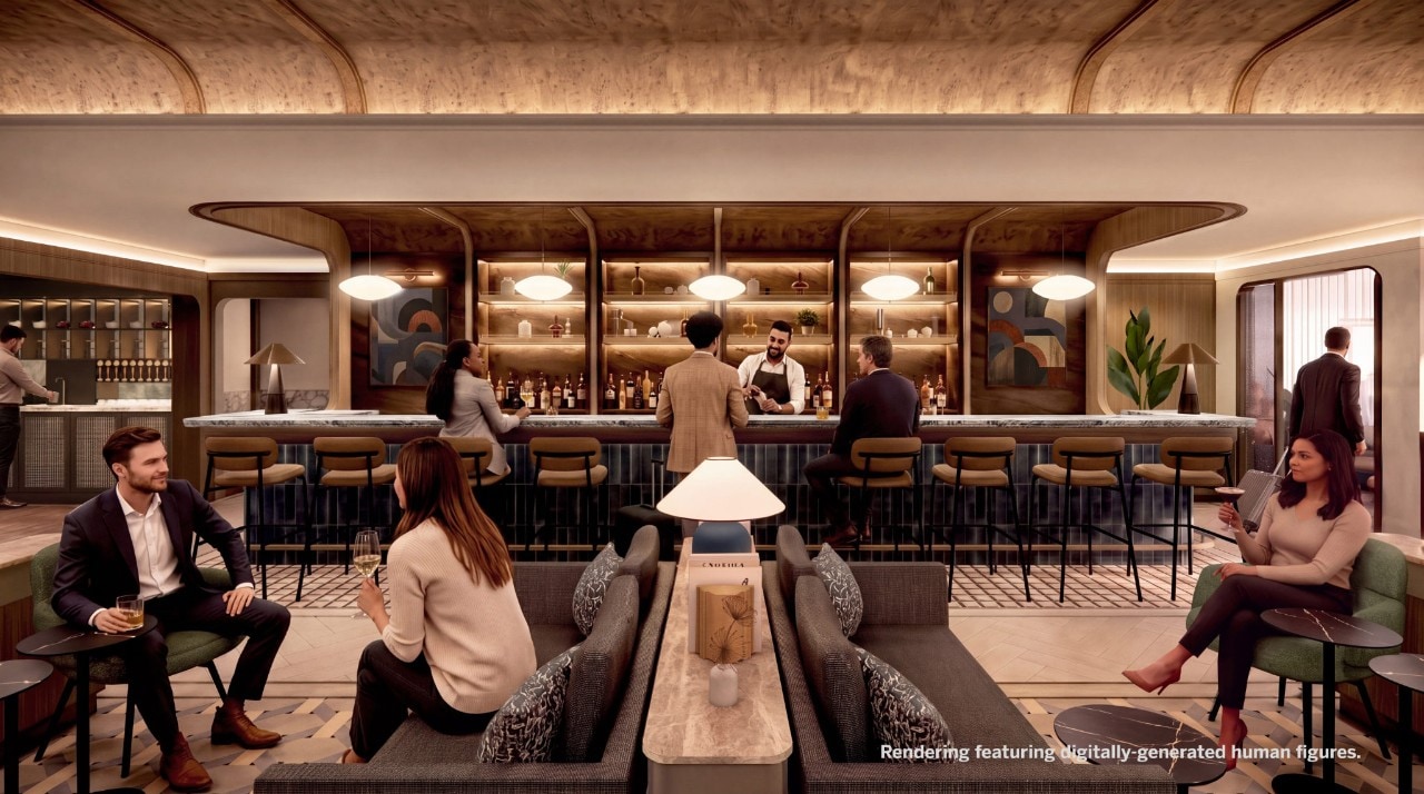 Renderização fotorrealista da área do bar principal no novo Centurion® Lounge, que será inaugurado no Terminal 5 do Aeroporto de Heathrow, em Londres.