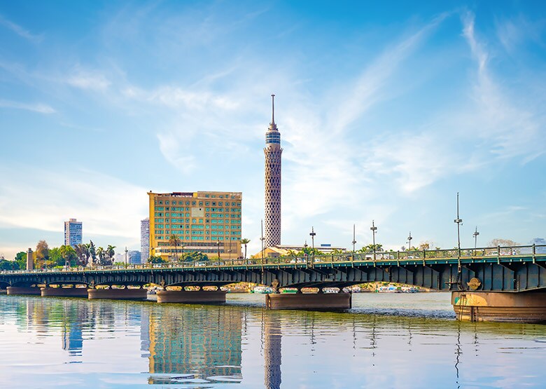 The Nile with a view of Cairo Tower, the tallest structure in Egypt and North Africa