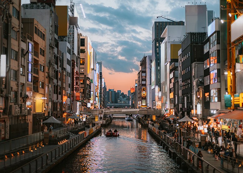 Dotonbori Canal at dusk in Osaka, Japan