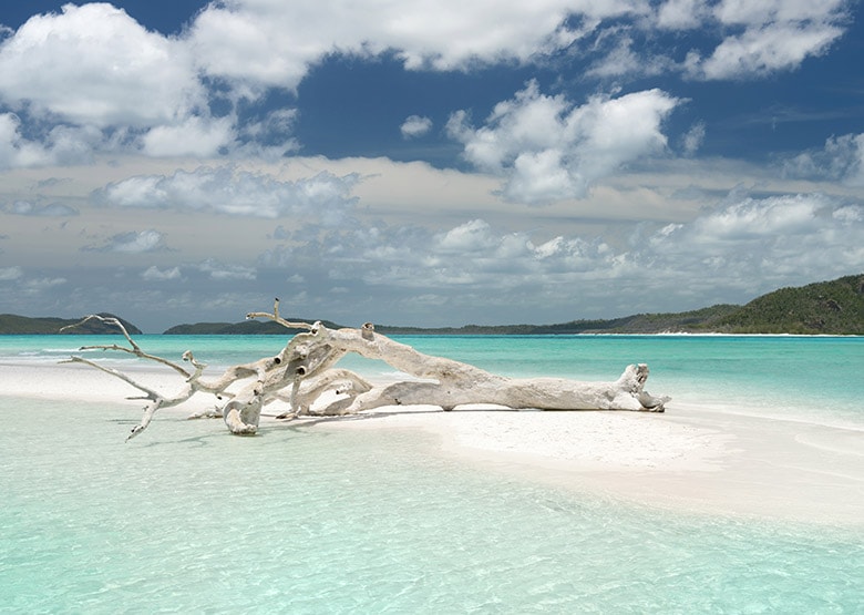 The white sand beaches and blue waters of one of the The Whitsundays’ 74 islands