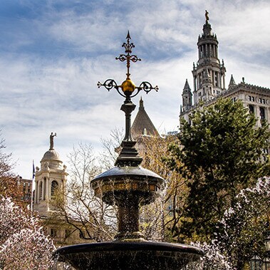 Explore the tranquil City Hall Park before visiting the nearby One World Observatory for stunning Manhattan views.
