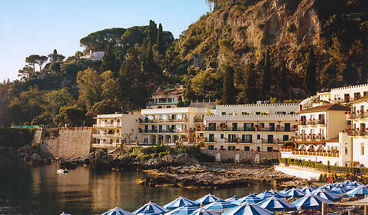 Aerial View of Beach and Villa Sant’ Andrea, A Belmond Hotel, Taormina Mare