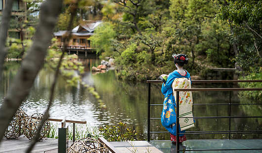 View of 800-year-old Shakusui-en pond garden 