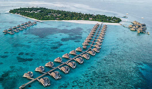 Aerial view of Six Senses Laamu with Jetty A in the foreground
