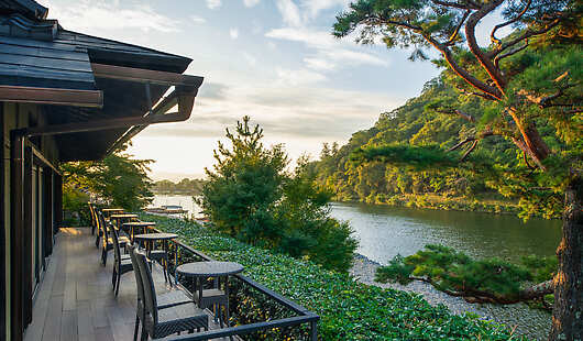 Cafe Hassui Terrace with View of Arashiyama and Hozu Rivers