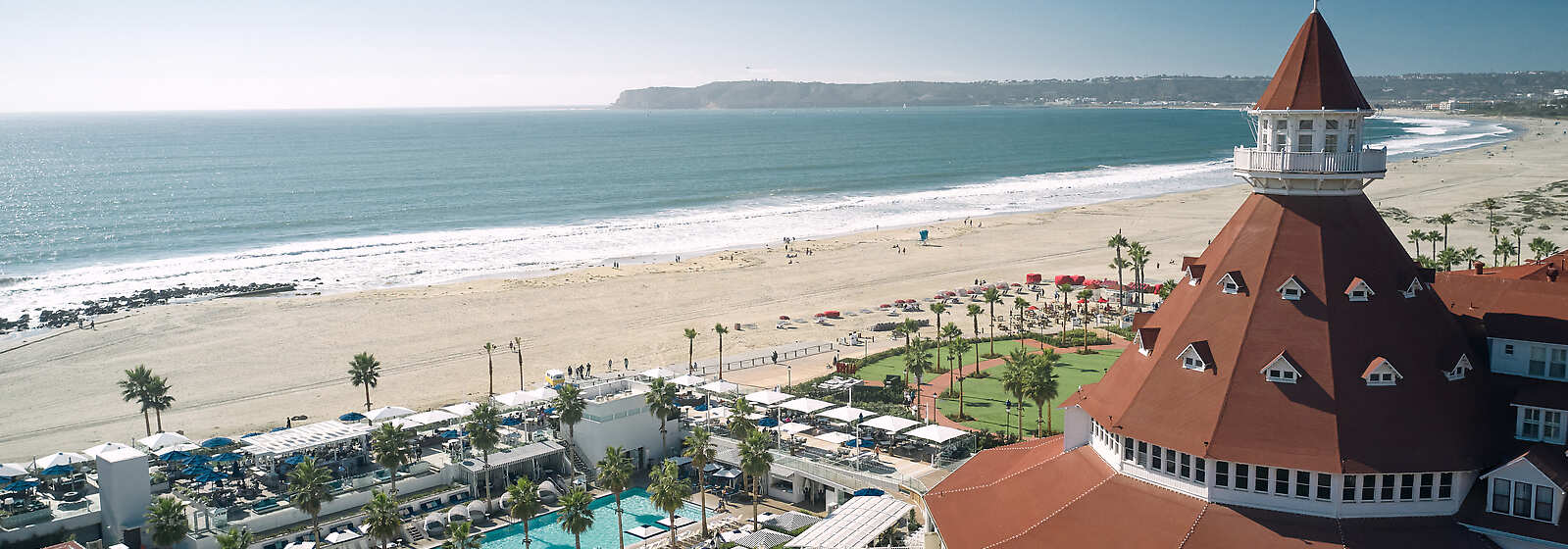 Hotel del Coronado's famous red turret, new Cabana Pool and beach. 