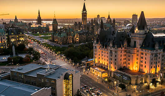 Fairmont Chateau Laurier and Parliament (Arial View)