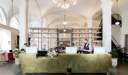 hotel lobby with tall ceilings