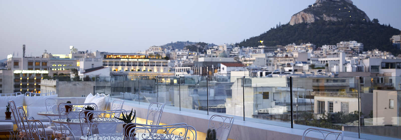 NEW Hotel's Art Lounge Restaurant Rooftop view to Lycabettus Hill