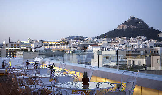 NEW Hotel's Art Lounge Restaurant Rooftop view to Lycabettus Hill