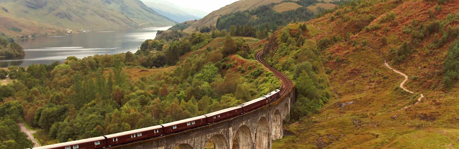 The Royal Scotsman travelling across Glenfinnan Viaduct