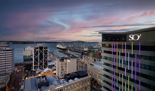 Exterior of SO /AUCKLAND at sunset.
