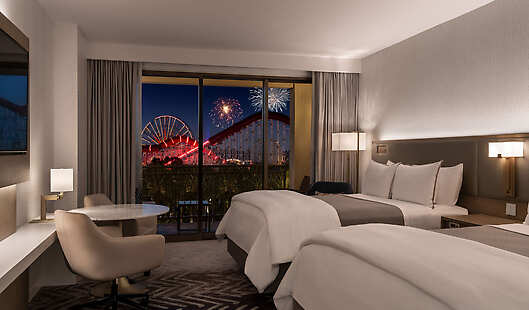 Parkview two queen guestroom, view of the Disneyland fireworks