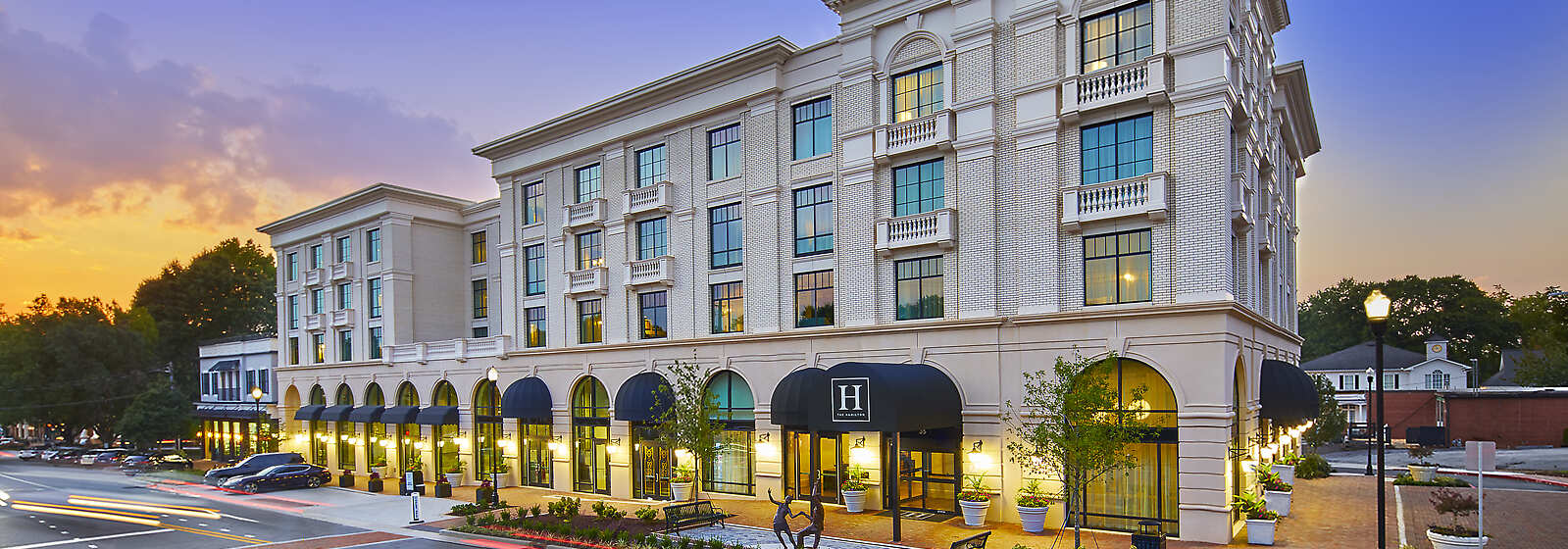 Exterior hotel entrance in downtown Alpharetta.