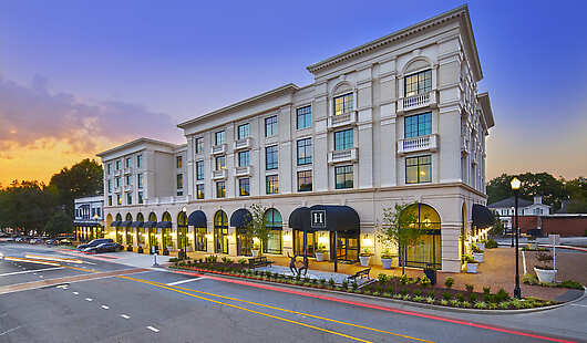 Exterior hotel entrance in downtown Alpharetta.