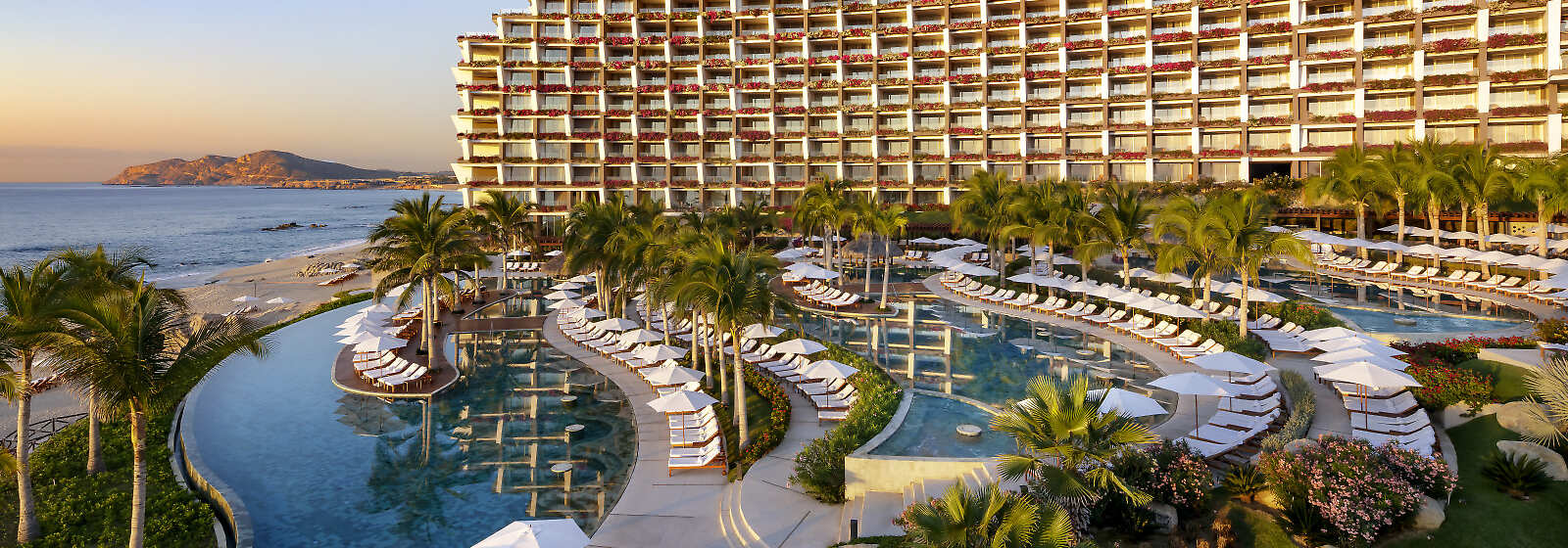 Hero shot of the resort. Grand Velas Los Cabos panoramic view with pool area. 