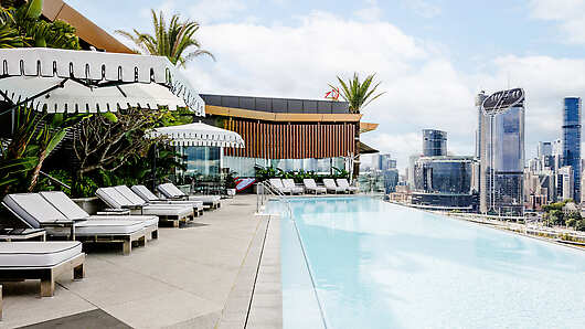 Rooftop pool with views of Brisbane city