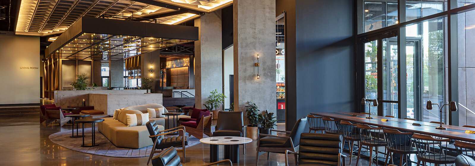 Community gathering spaces in the lobby. 