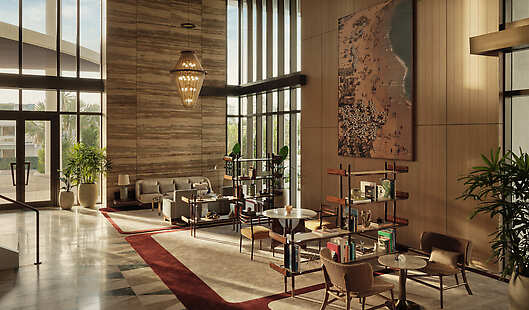 A grand two storey lobby pairs Riviera lifestyle with the freshness of mid-century modernist design