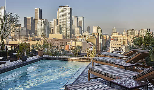 Rooftop Pool and skyline view of Downtown L.A. 