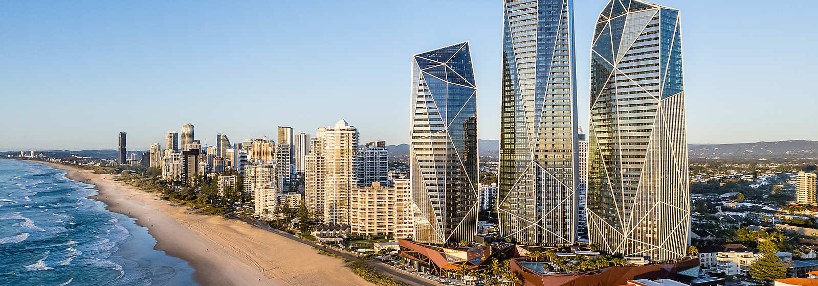 Exterior shot as sun rises. 